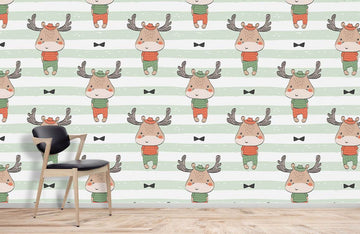 Cute Cartoon Reindeer Striped Mural Wallpaper