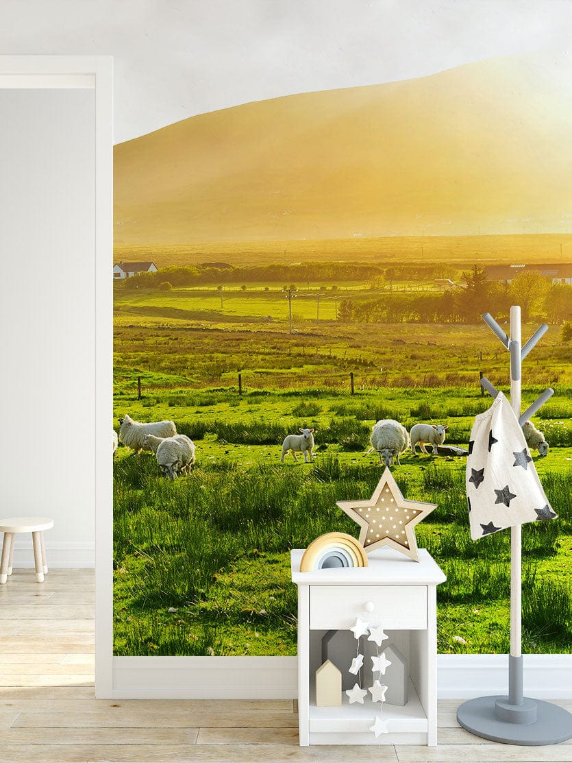 Wallpaper mural featuring a quaint grassland scene, ideal for use in decorating a nursery.