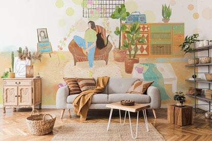 Boho Abstract Watercolor Living Room Mural Wallpaper in living room