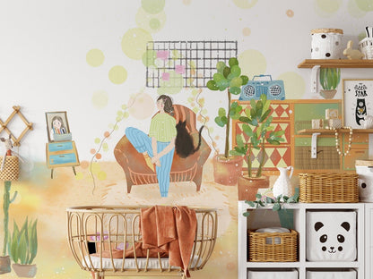 Boho Abstract Watercolor Living Room Mural Wallpaper in nursery
