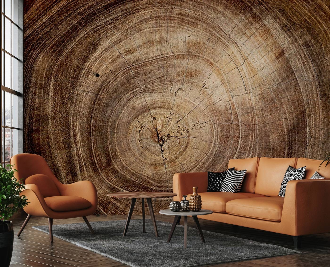 Wallpaper Mural with Cracked Wood Effect for Use in Decorating the Living Room
