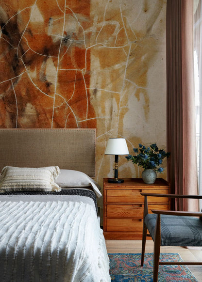 Mural Wallpaper with Cracked Orange Graffiti Design, Ideal for Use as Bedroom Decoration