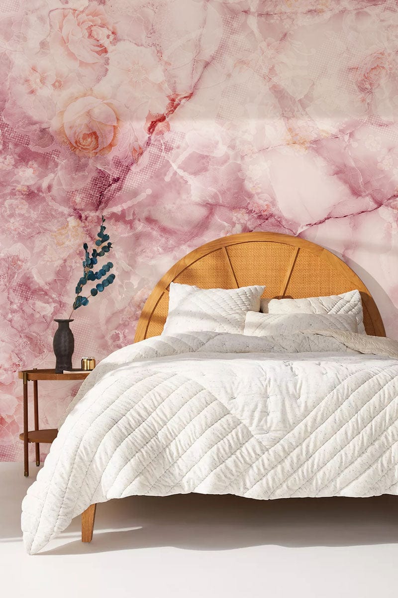 Wallpaper mural for bedroom decor featuring a cracked rose pink crystal design.
