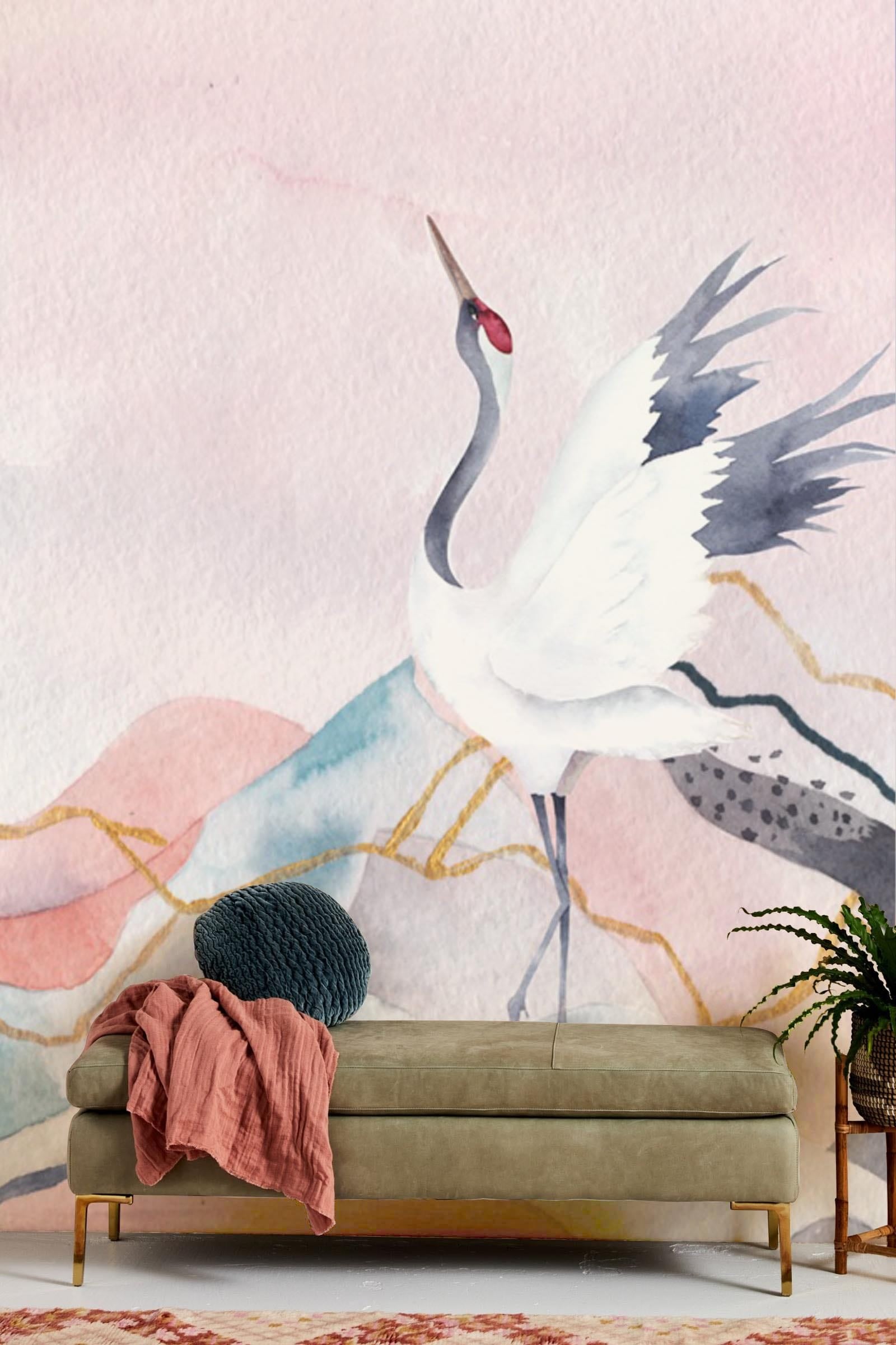 Watercolor Crane Bird Wallpaper Mural for living Room decor