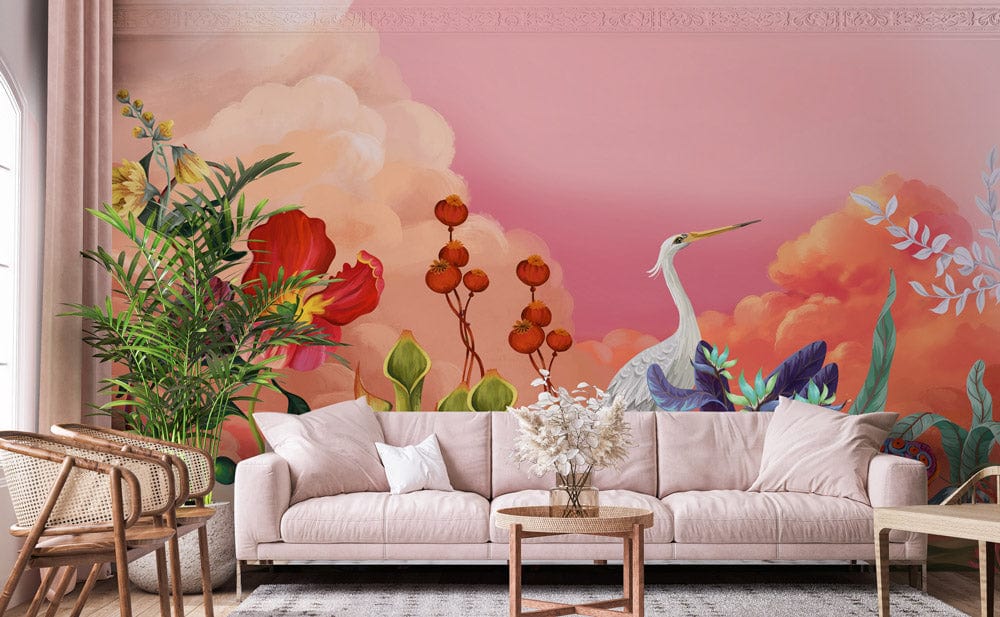 pink theme crane and flower wallpaper mural art