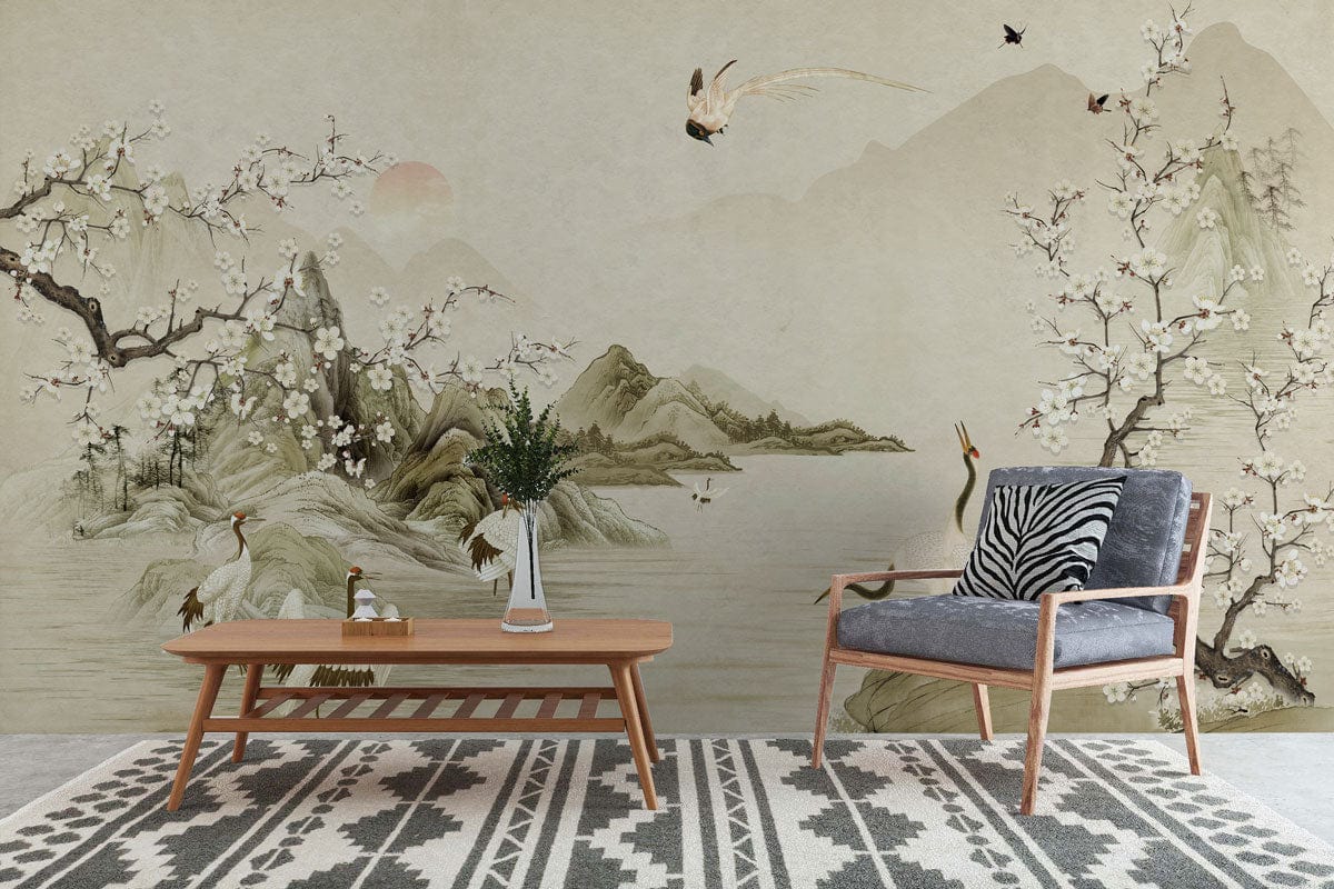 Crane Scenery Painting Wallpaper Mural Applied as Decoration in the Hallway