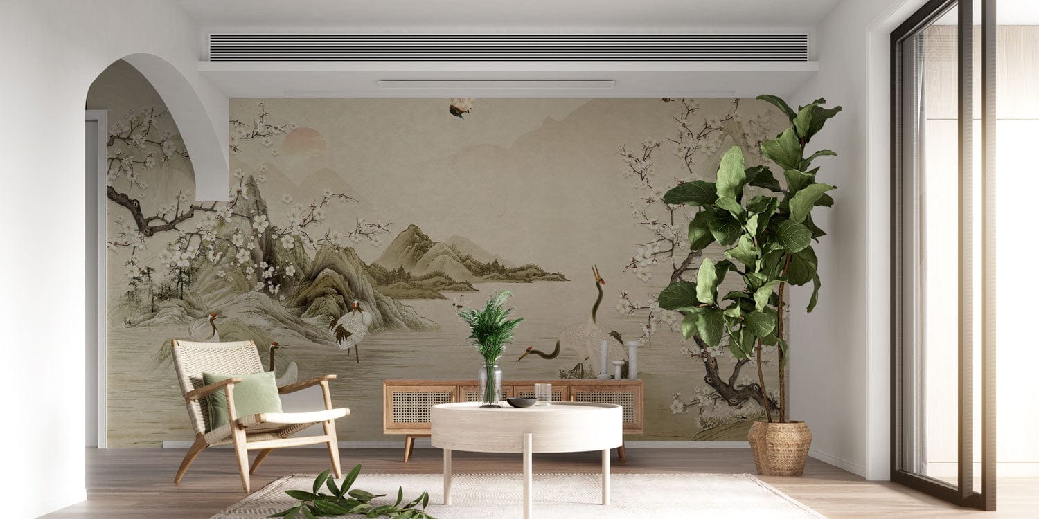 Crane Landscape Painting Wallpaper Mural for Use as Decoration in the Living Room