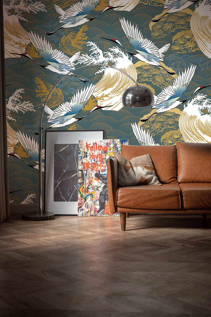 Cranes above Ocean Wallpaper Decoration Idea