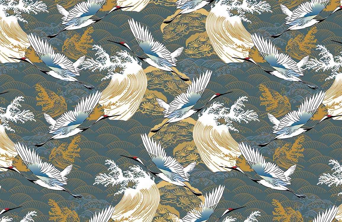 Elegant Cranes Botanical Gold Mural Wallpaper