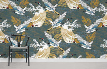 Elegant Cranes Botanical Gold Mural Wallpaper