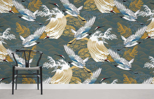 Cranes above Ocean Room Wallpaper Mural