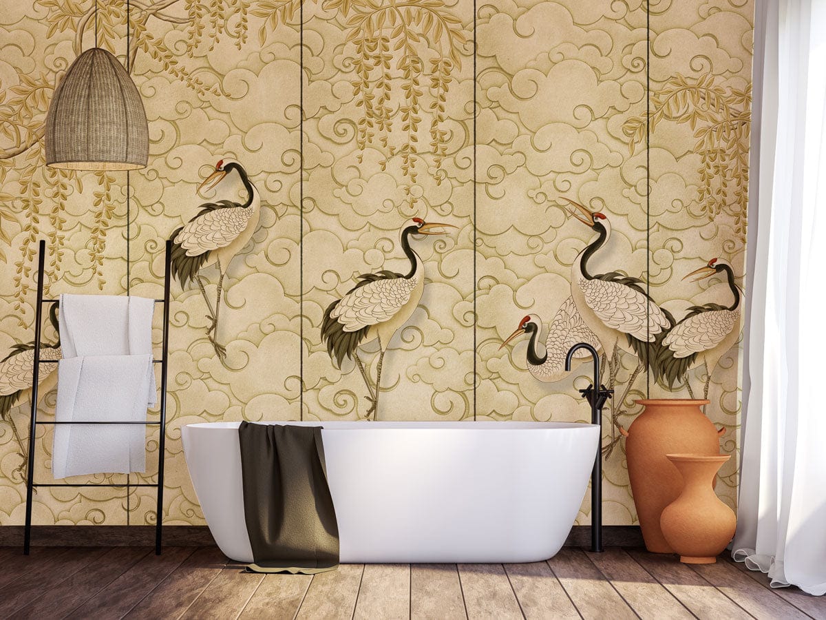 cranes on clouds animal wallpaper mural bathroom design