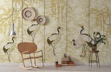 Elegant Golden Crane Mural Wallpaper