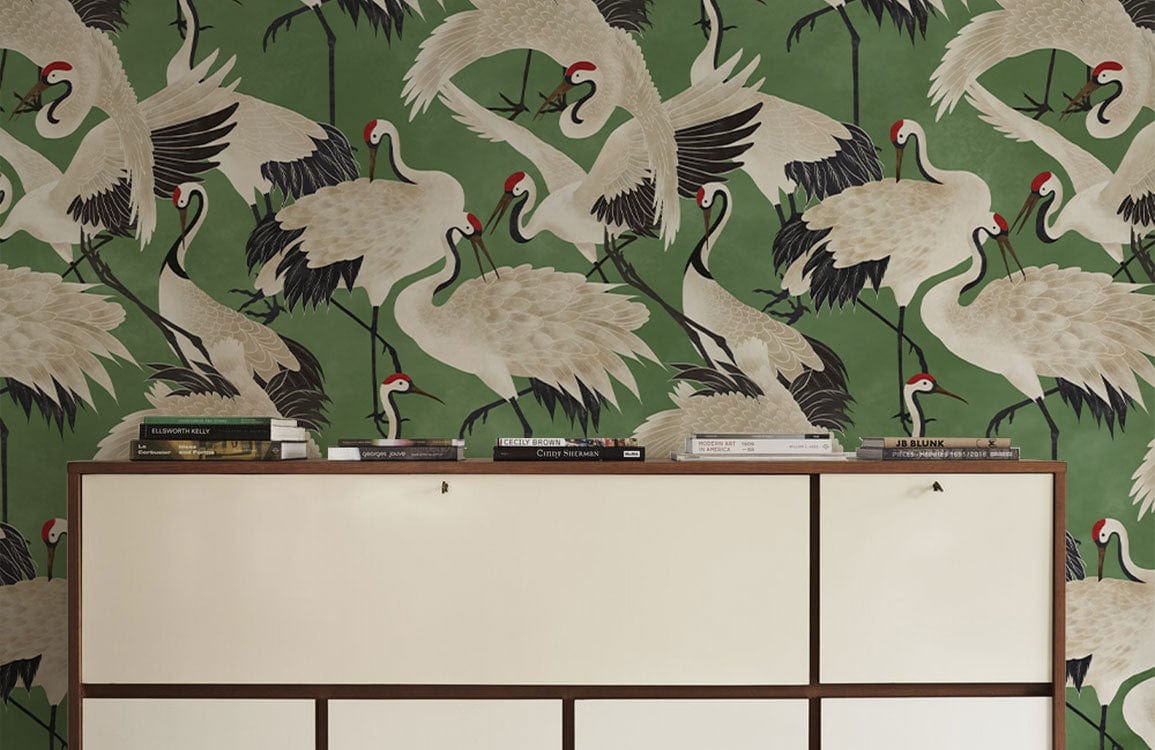 Wallpaper mural featuring Cranes on a Green Background for Hallway Decorations