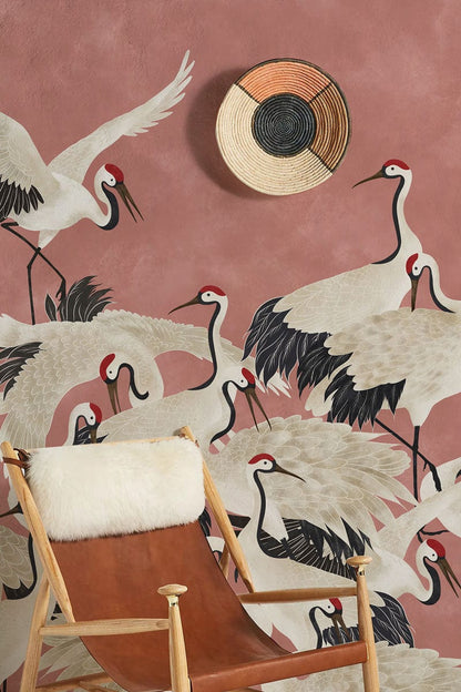Hallway Mural Design With Cranes on Pink Wallpaper