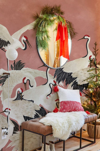 Cranes on Pink Wallpaper Mural for the Décor of the Hallway