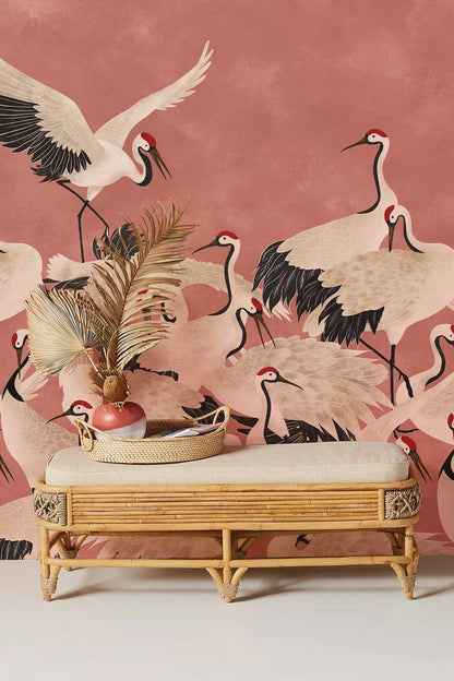 Wall Mural with Cranes on Pink Wallpaper, Perfect for the Foyer
