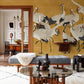 Mural Wallpaper Design for Dining Room with Cranes on Yellow Background