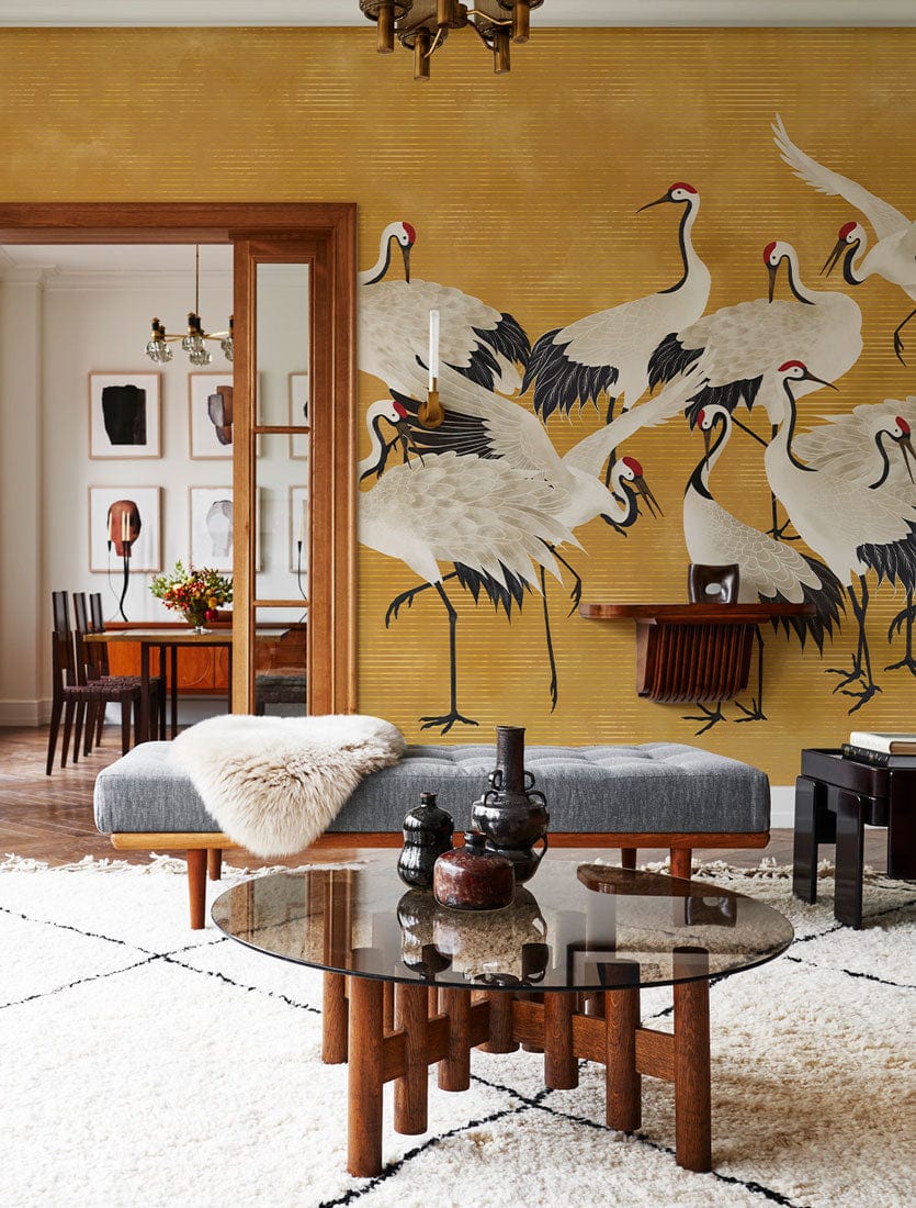 Mural Wallpaper Design for Dining Room with Cranes on Yellow Background