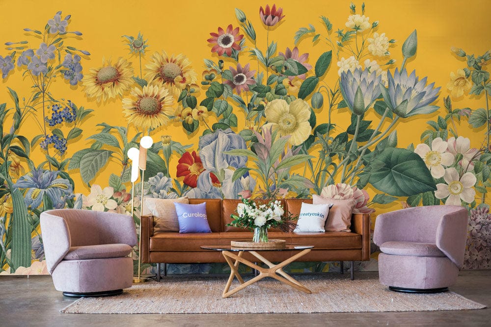living room wallpaper mural with a flowery pattern of blooming flowers