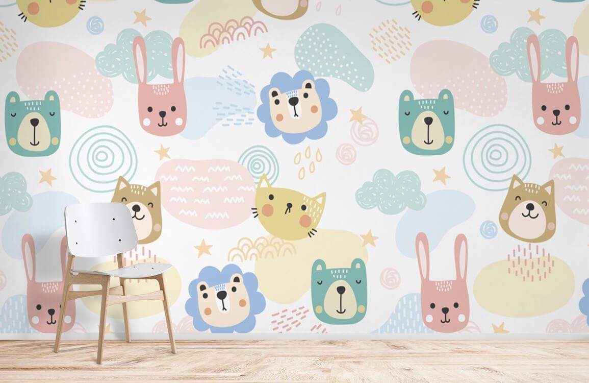 Wallpaper mural featuring a collection of adorable cat and dog faces, perfect for use as home decor.