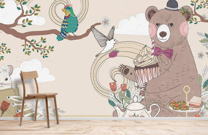 Bear wallpaper mural suitable for use in a child's room.