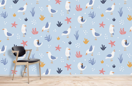 Wallpaper mural for home decoration with Adorable Birds on a Blue Background.