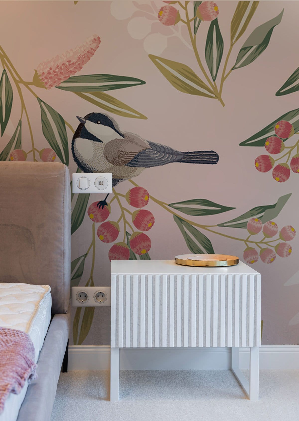 Design Ideas For A Bedroom With A Wallpaper Mural Of Sparrows And Branch