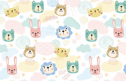 Wallpaper mural featuring a collection of adorable animal faces, including cats and dogs, for use in decorating a home.