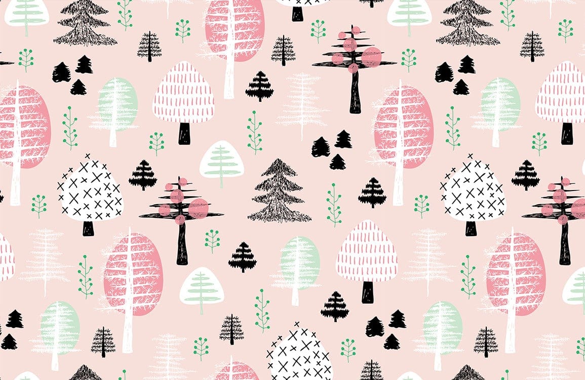 Verspieltes Waldmuster rosa Wandbelag