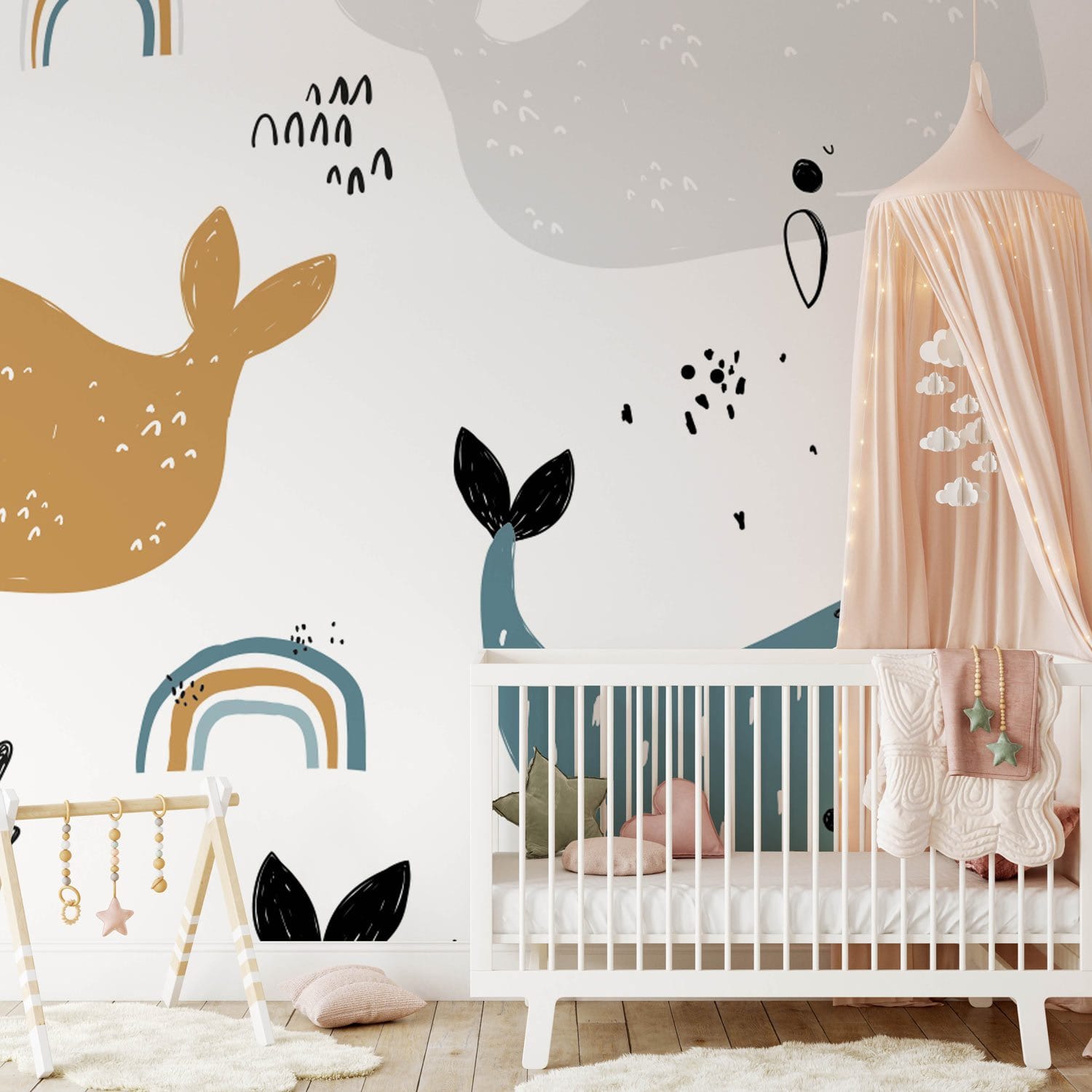 Wall mural with adorable whales for the nursery room