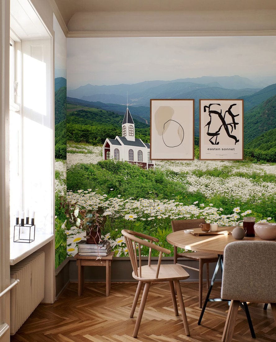 Wallpaper Mural of Daisies in a Mountain Field for the Dining Room