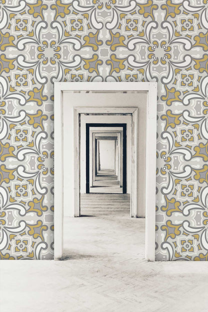 Elegant Gold Floral Damask Mural Wallpaper