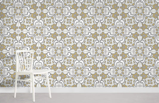 Elegant Gold Floral Damask Mural Wallpaper