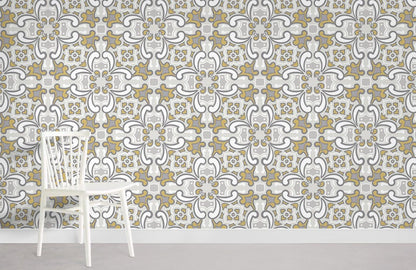 Elegant Gold Floral Damask Mural Wallpaper