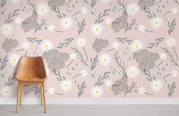 Pink Whimsical Floral Botanical Mural Wallpaper