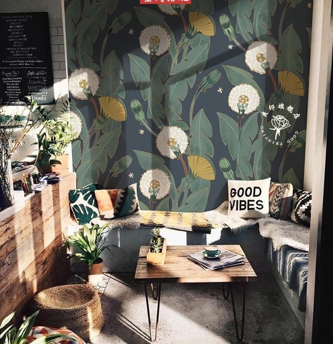 Wallpaper mural with dandelions and leaves, perfect for decorating a coffee business.