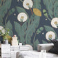 Wallpaper mural with dandelions and leaves, perfect for the living room.