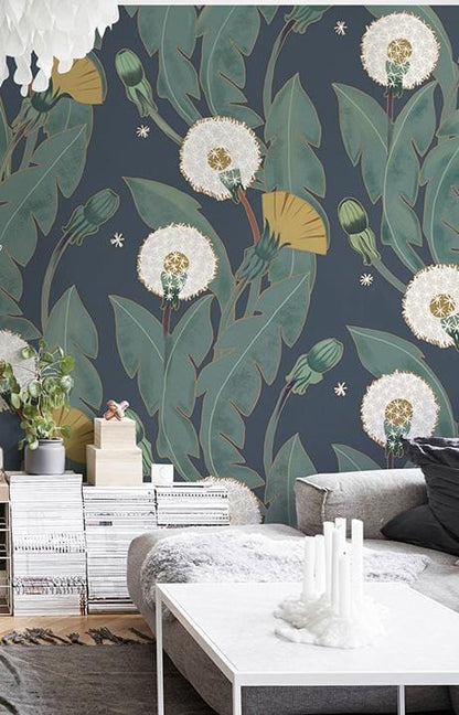 Wallpaper mural with dandelions and leaves, perfect for the living room.