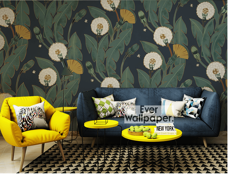 Wallpaper mural with dandelions and leaves for use in decorating the living room.