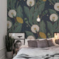 Wallpaper mural featuring dandelions and leaves for use in bedroom decor