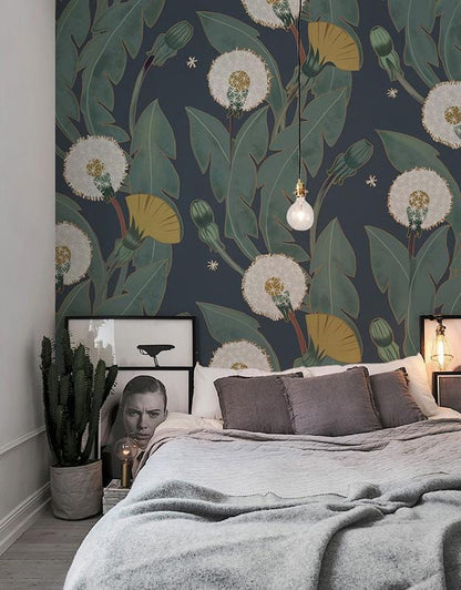 Wallpaper mural featuring dandelions and leaves for use in bedroom decor