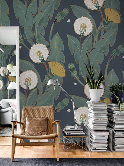 Wallpaper mural with dandelions and leaves, perfect for the decor of a hallway