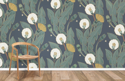 Wallpaper mural featuring dandelions and leaves