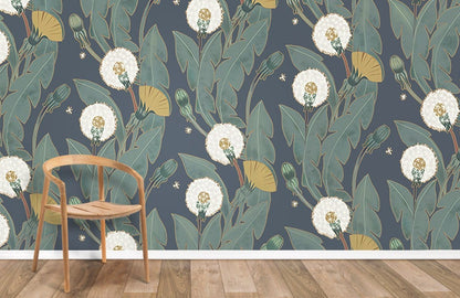 Wallpaper mural featuring dandelions and leaves