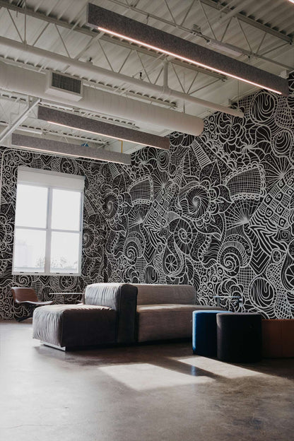 Abstract Floral Lace Pattern Mural Wallpaper in lounge