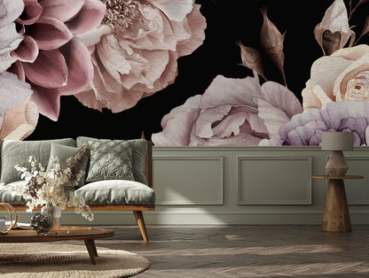 Romantic Peony Floral Dark Mural Wallpaper in living room