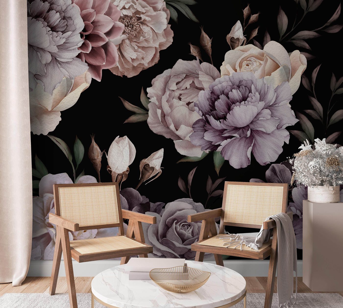Romantic Peony Floral Dark Mural Wallpaper
