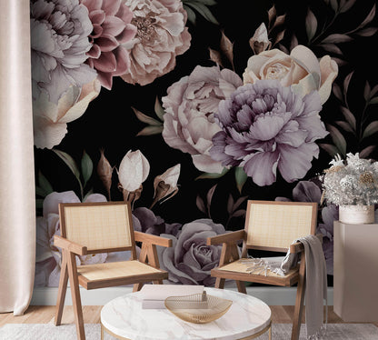 Romantic Peony Floral Dark Mural Wallpaper in living room