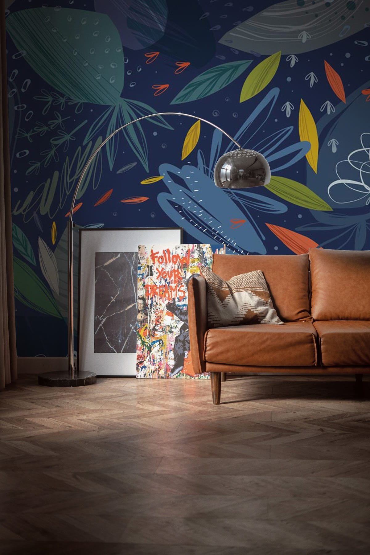 Wallpaper mural featuring dark blue leaves, perfect for decorating the living room